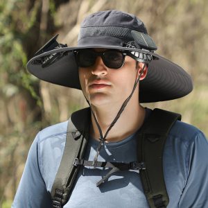 Chapéu de pesca com aba larga e ventilador solar para exterior