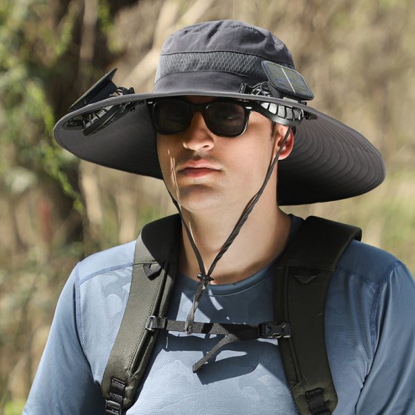 Chapéu de pesca com aba larga e ventilador solar para exterior